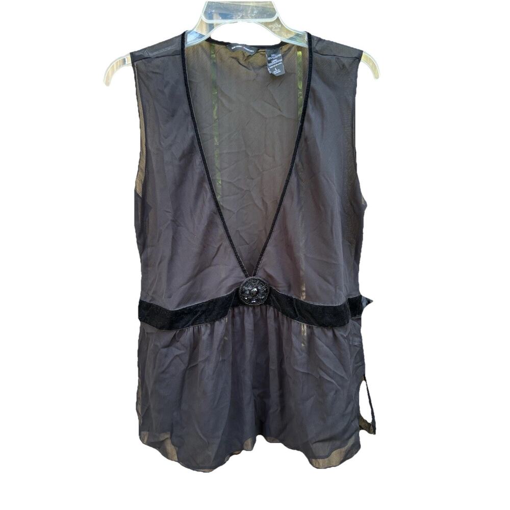 New York & Company Sheer Top Sleeveless Velvet Accents Deep Neckline